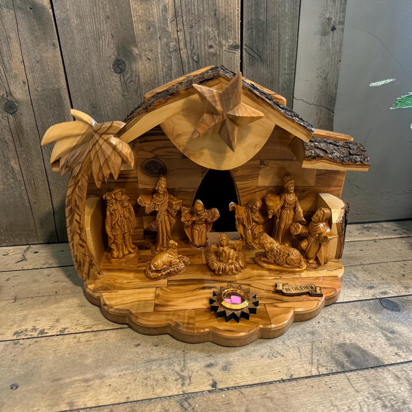 Olive Wood Musical Nativity Scene | Twin-Roof, Window & Full Figures
