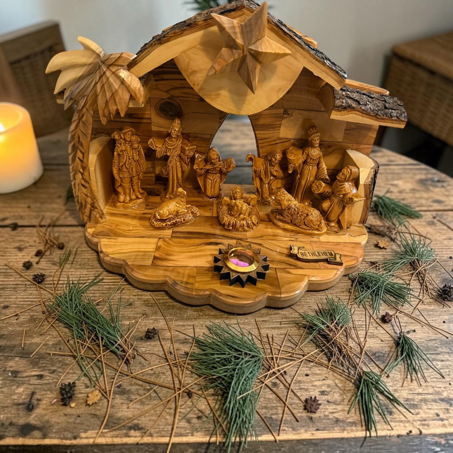 Olive Wood Musical Nativity Scene | Twin-Roof, Window & Full Figures