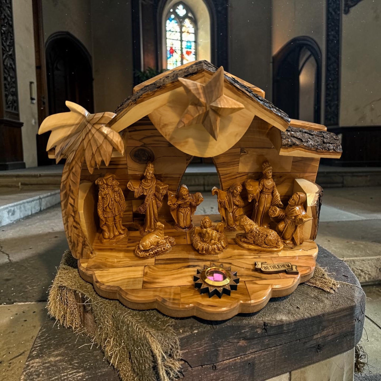 Olive Wood Musical Nativity Scene | Twin-Roof, Window & Full Figures