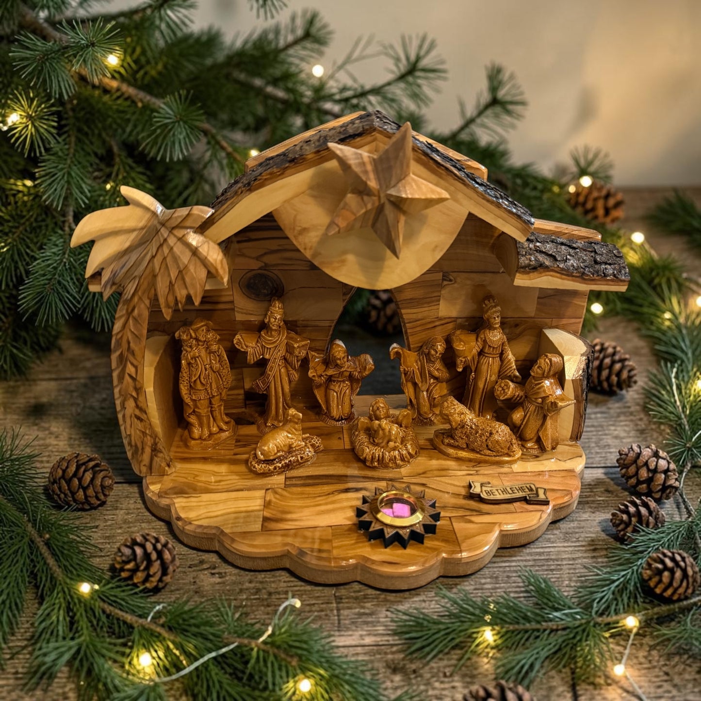 Olive Wood Musical Nativity Scene | Twin-Roof, Window & Full Figures