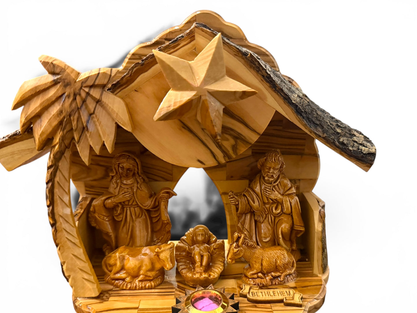 Olive Wood Musical Nativity | Flower Shape & Back Window