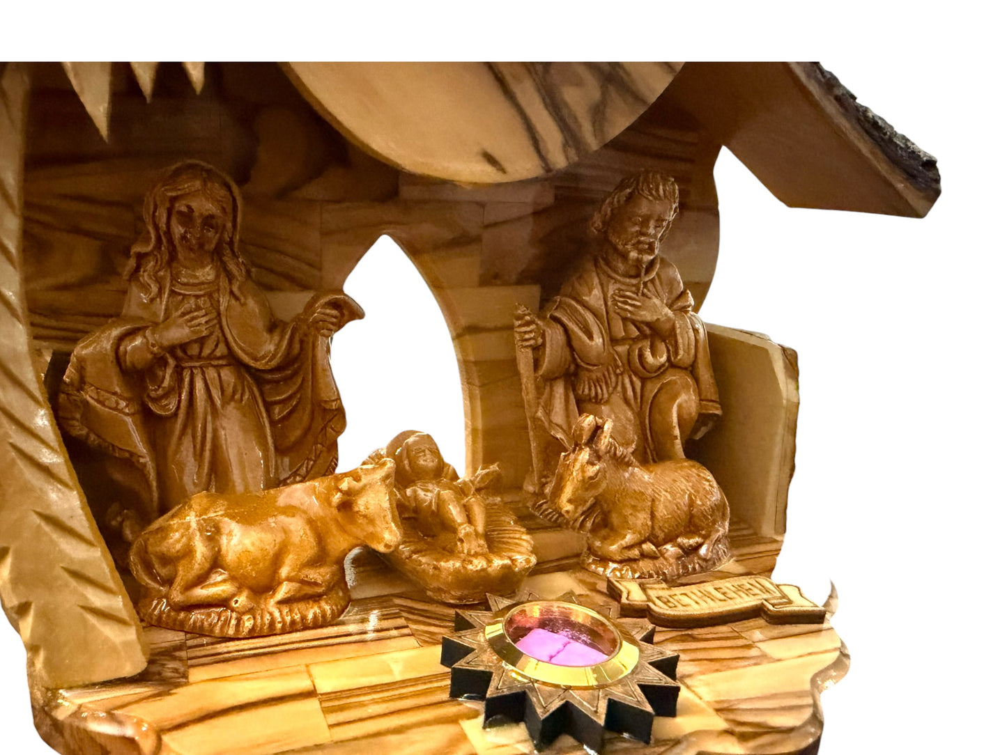 Olive Wood Musical Nativity | Flower Shape & Back Window