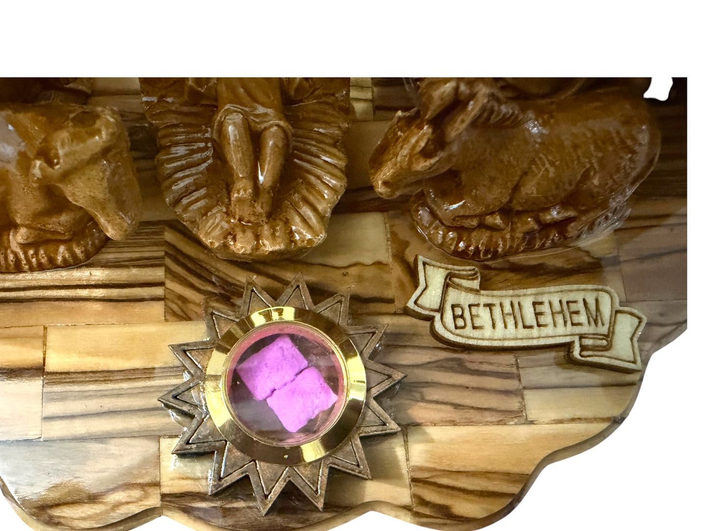 Olive Wood Musical Nativity | Flower Shape & Back Window