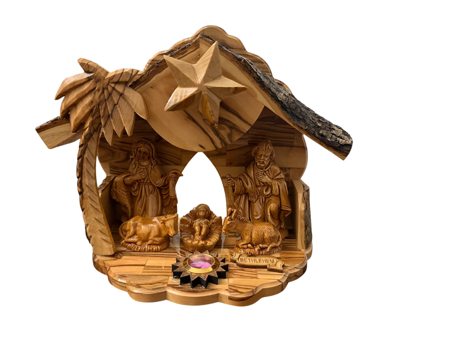 Olive Wood Musical Nativity | Flower Shape & Back Window