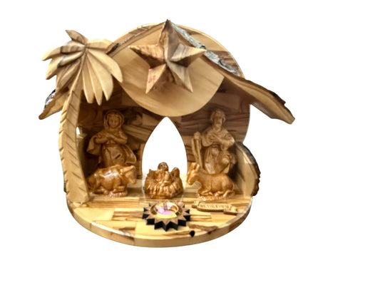 Olive Wood Musical Nativity Scene with Window in the Back — Round Shape