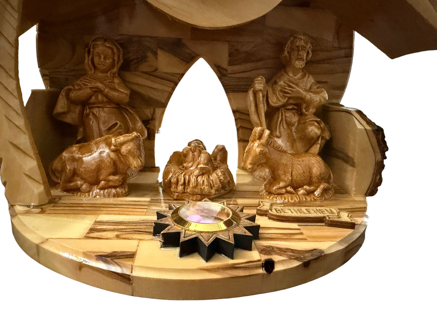 Olive Wood Musical Nativity Scene with Window in the Back — Round Shape