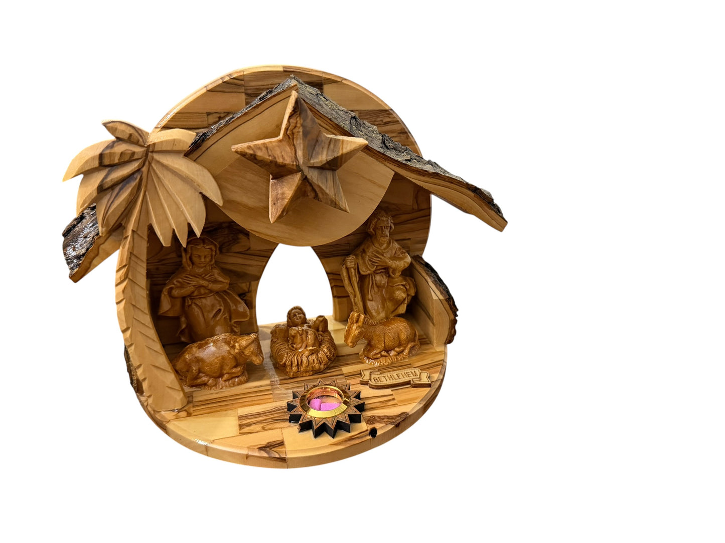 Olive Wood Musical Nativity Scene with Window in the Back — Round Shape