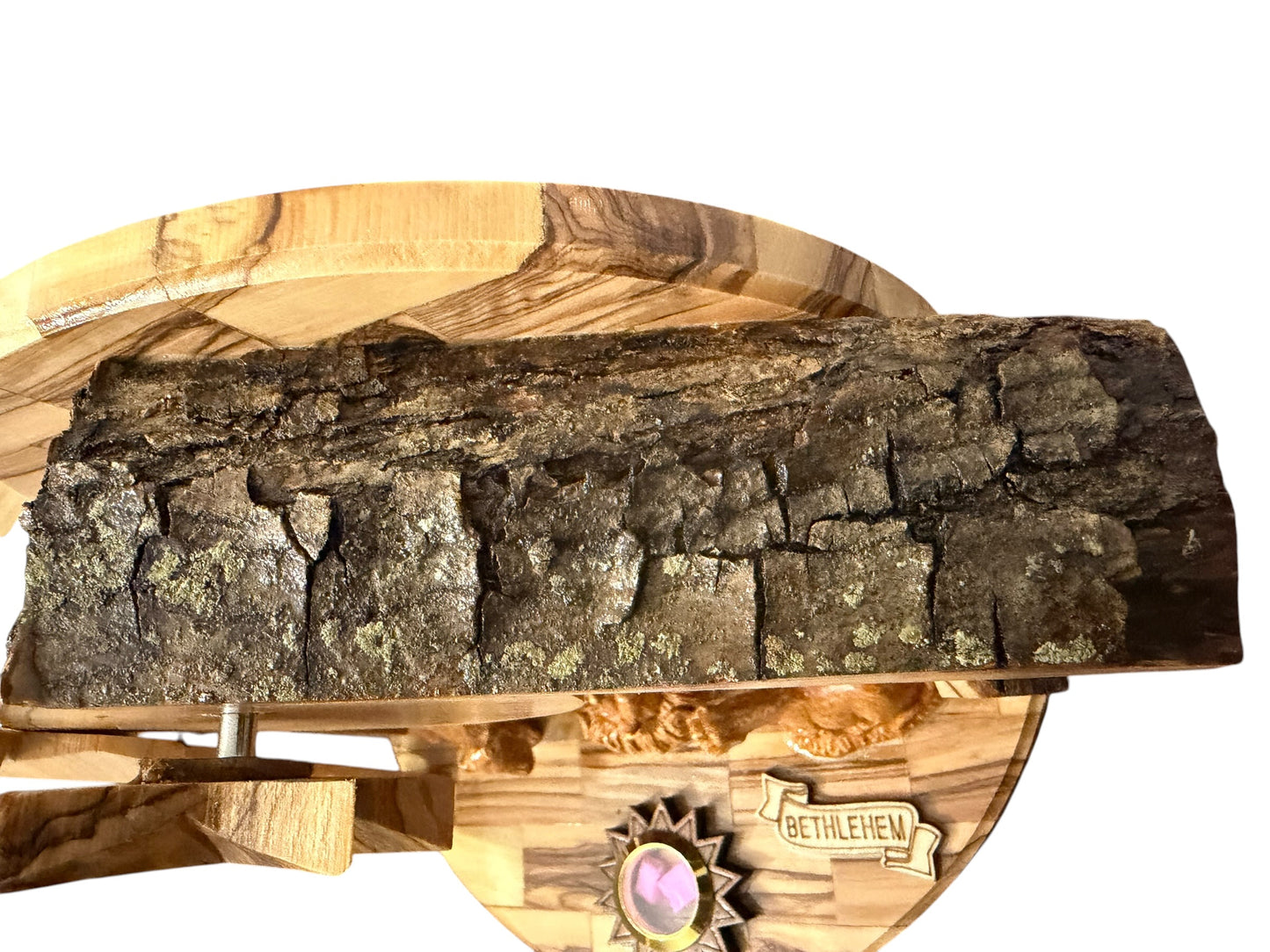 Olive Wood Musical Nativity Scene with Window in the Back — Round Shape