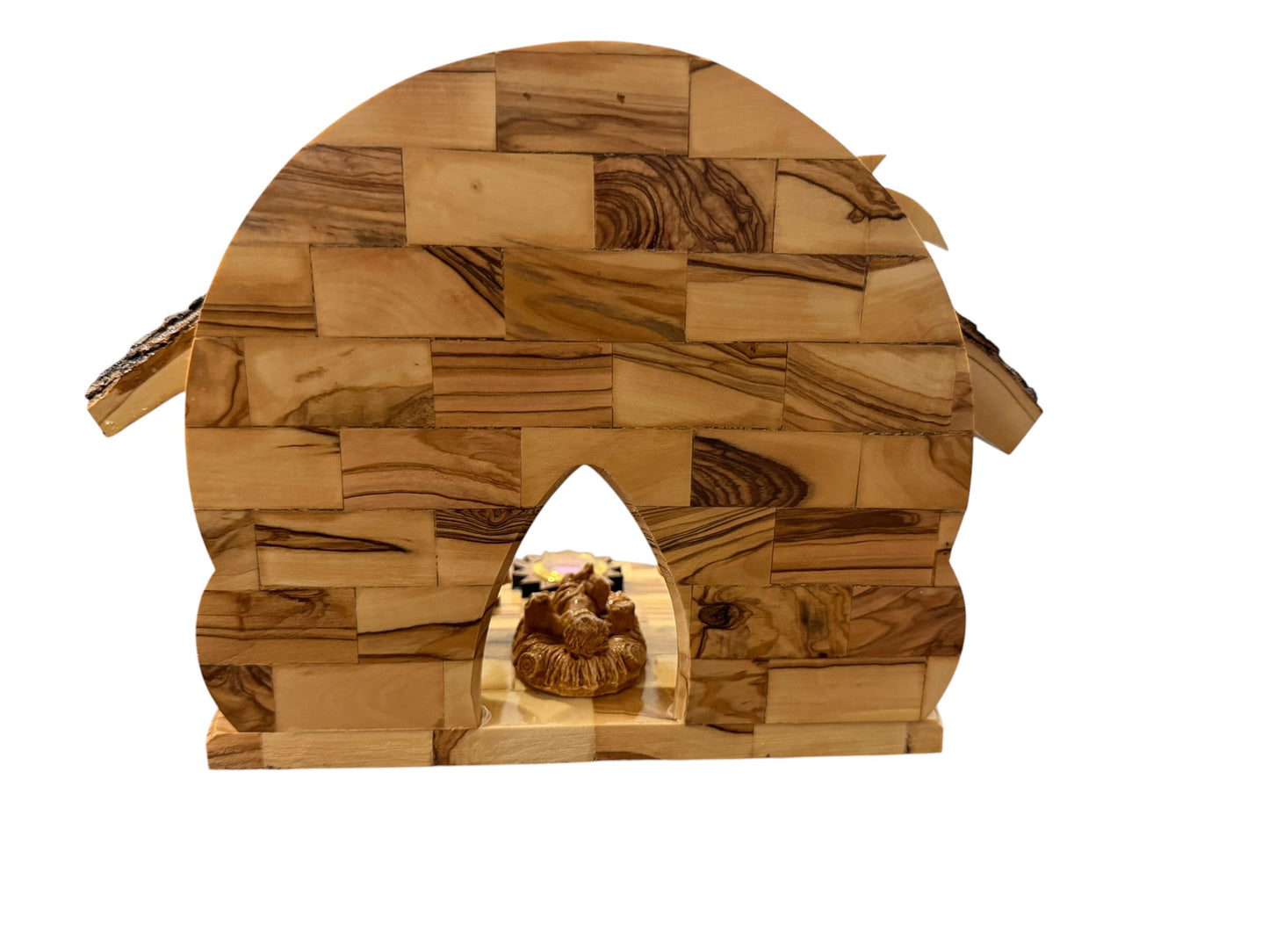 Olive Wood Musical Nativity Scene with Window in the Back — Round Shape