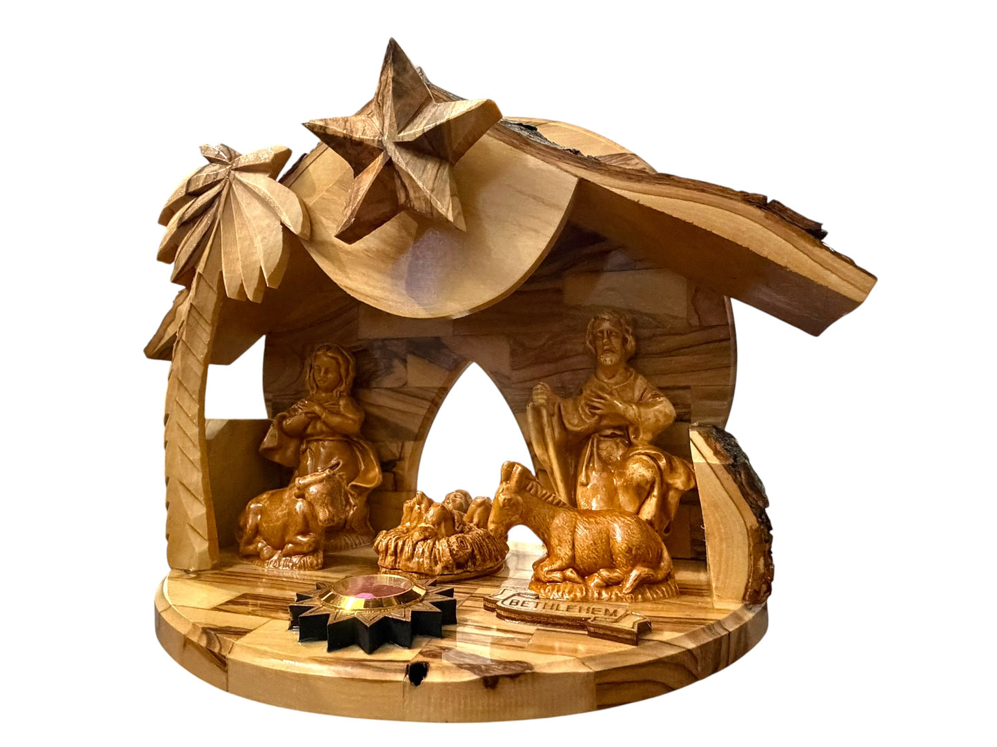 Olive Wood Musical Nativity Scene with Window in the Back — Round Shape