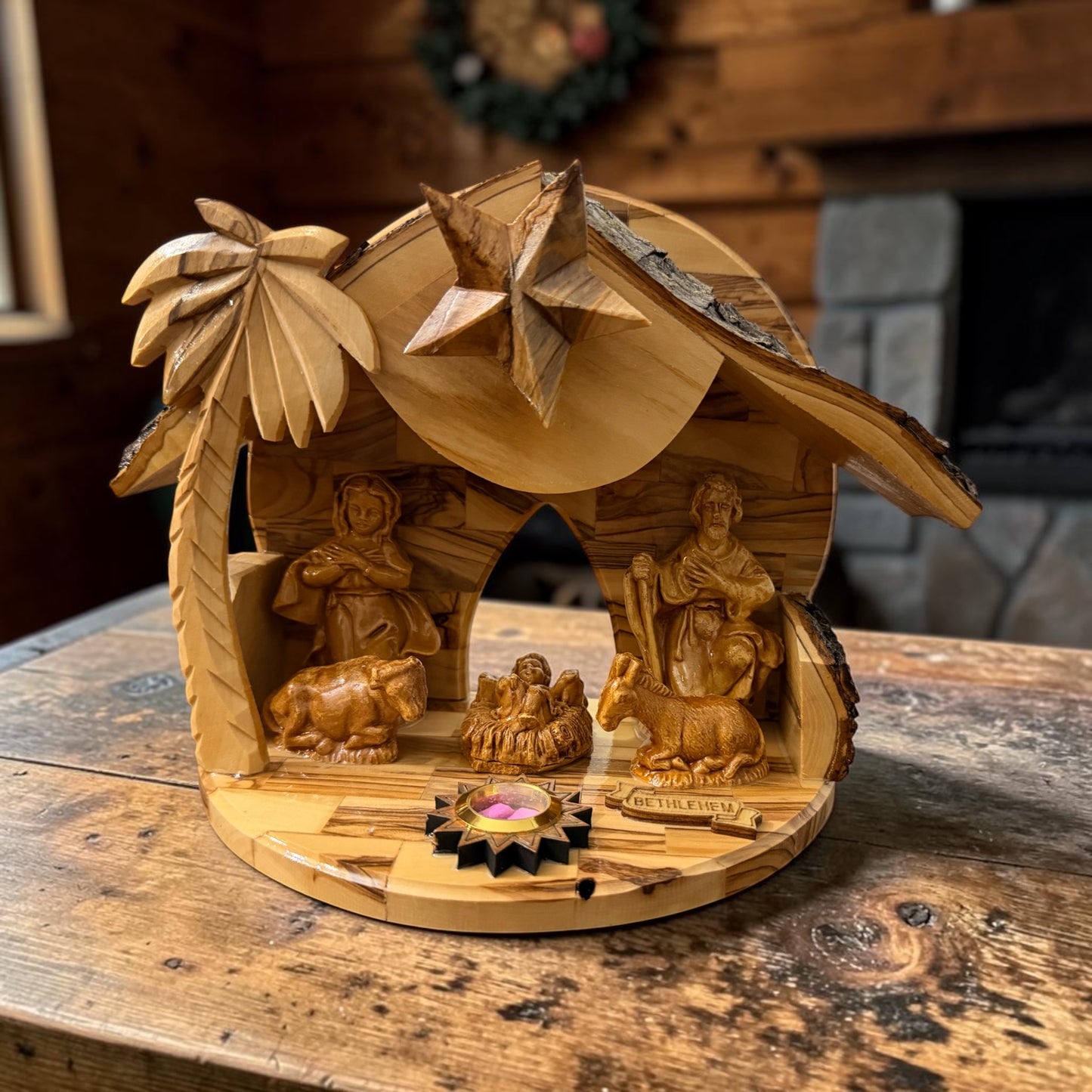 Olive Wood Musical Nativity Scene with Window in the Back — Round Shape
