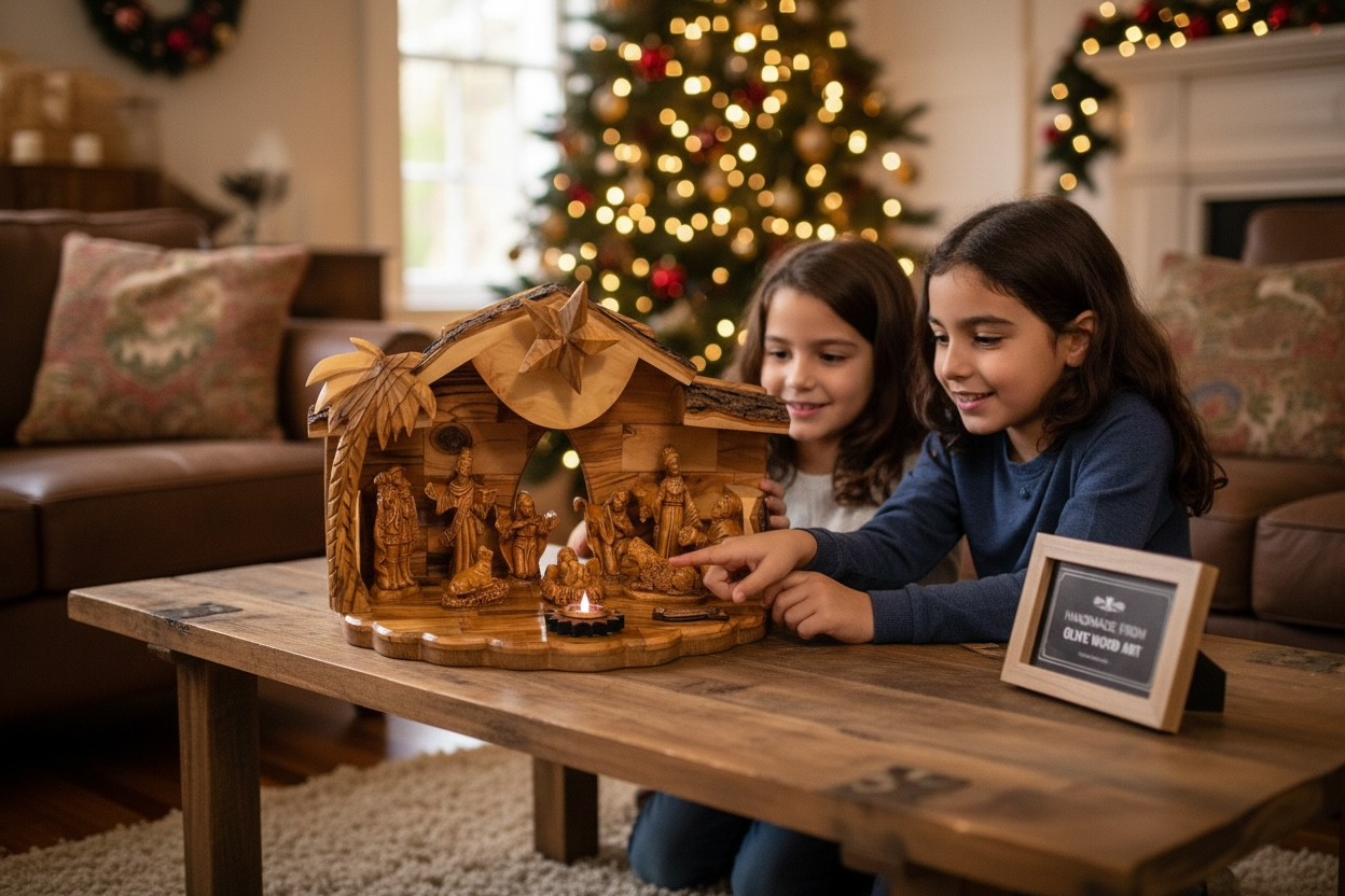 Olive Wood Musical Nativity Scene | Twin-Roof, Window & Full Figures