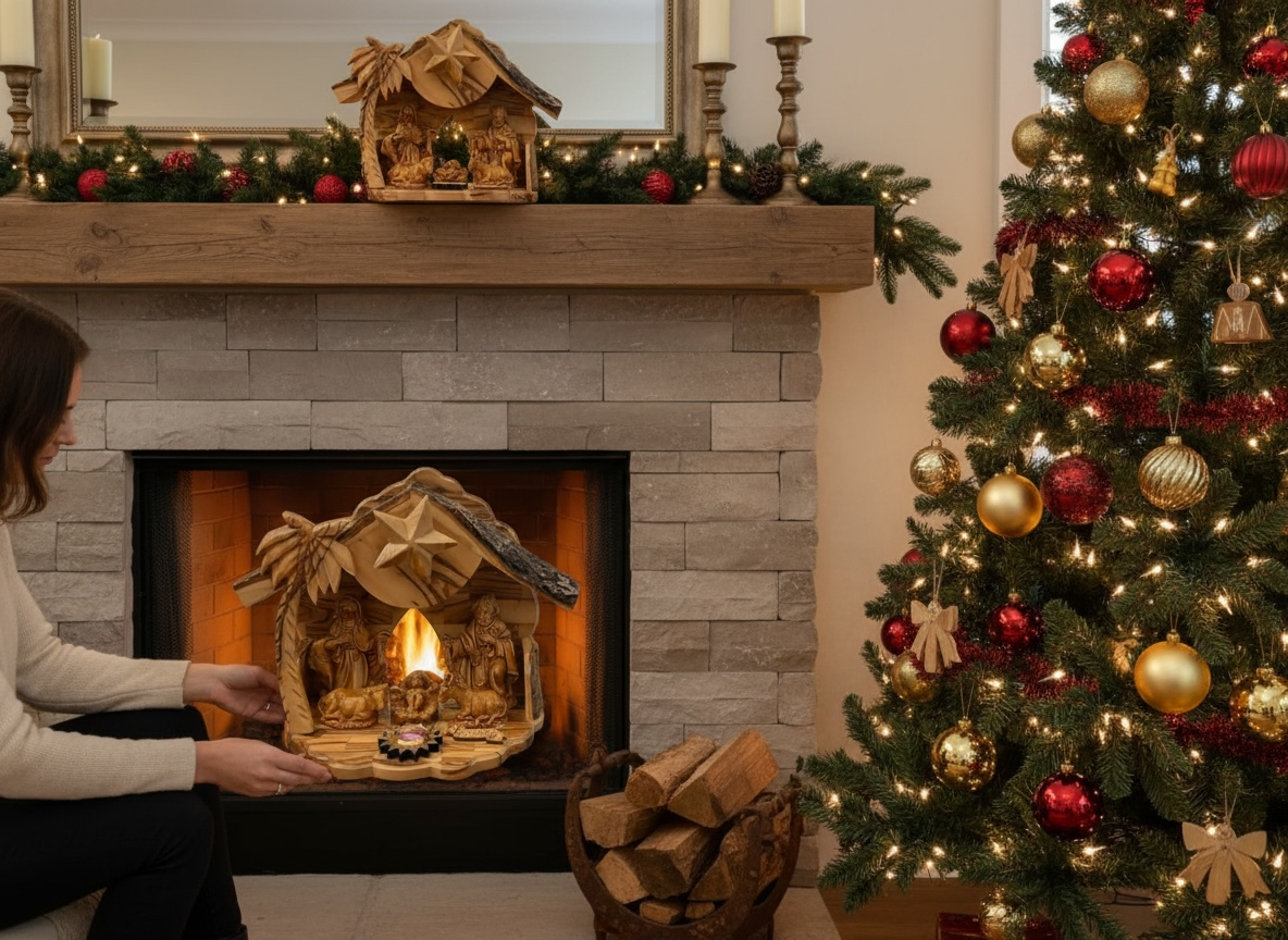 Olive Wood Musical Nativity | Flower Shape & Back Window