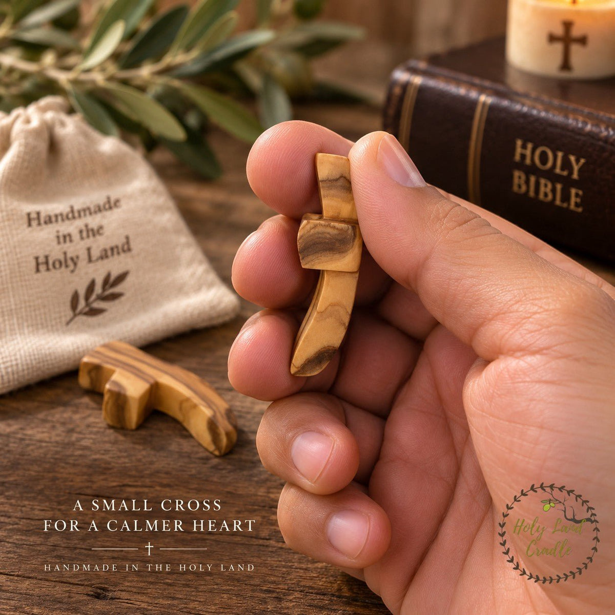 Holy Land Thumb Comfort Olive Wood Crosses, Set of 3 - Holy Land Cradle