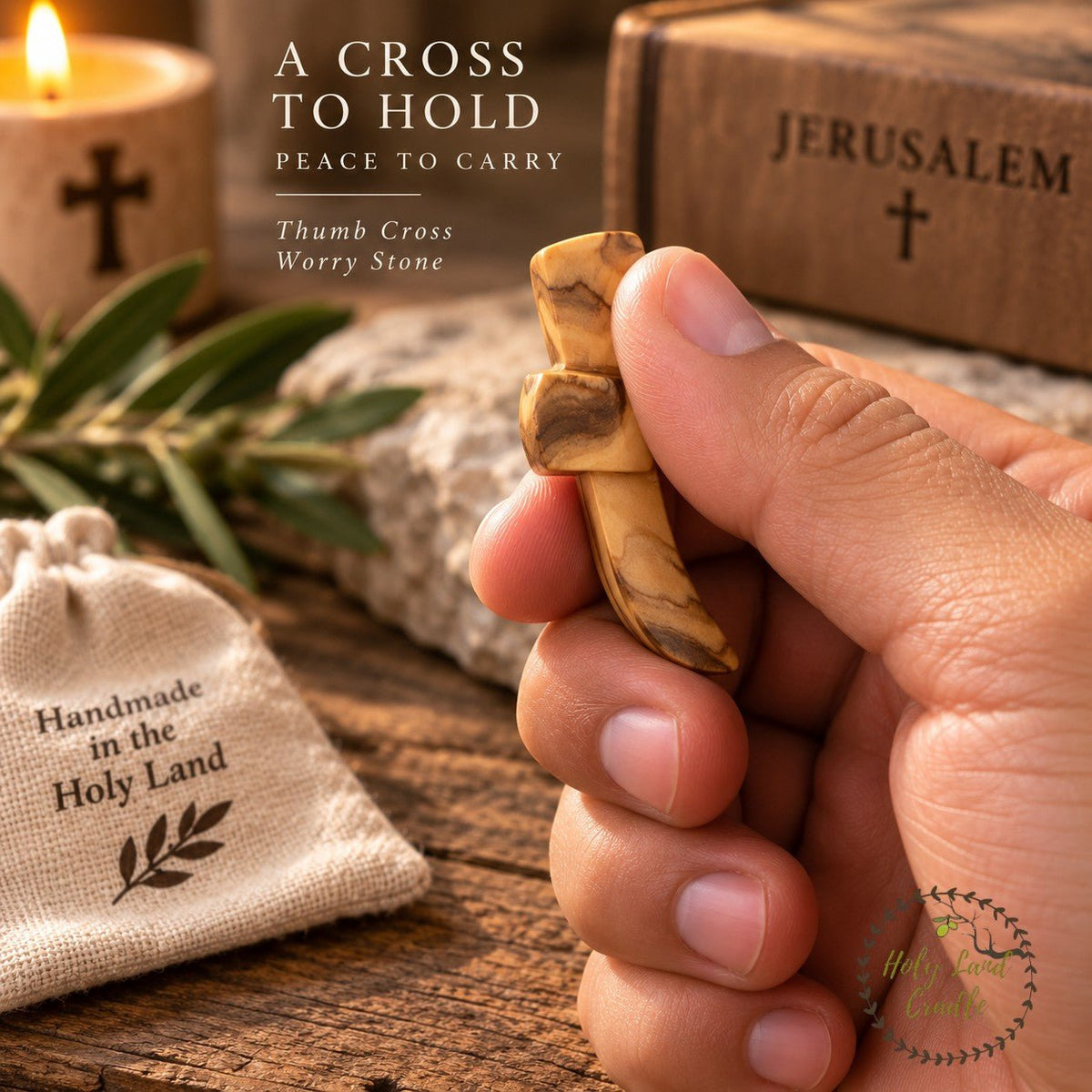 Holy Land Thumb Comfort Olive Wood Crosses, Set of 3 - Holy Land Cradle