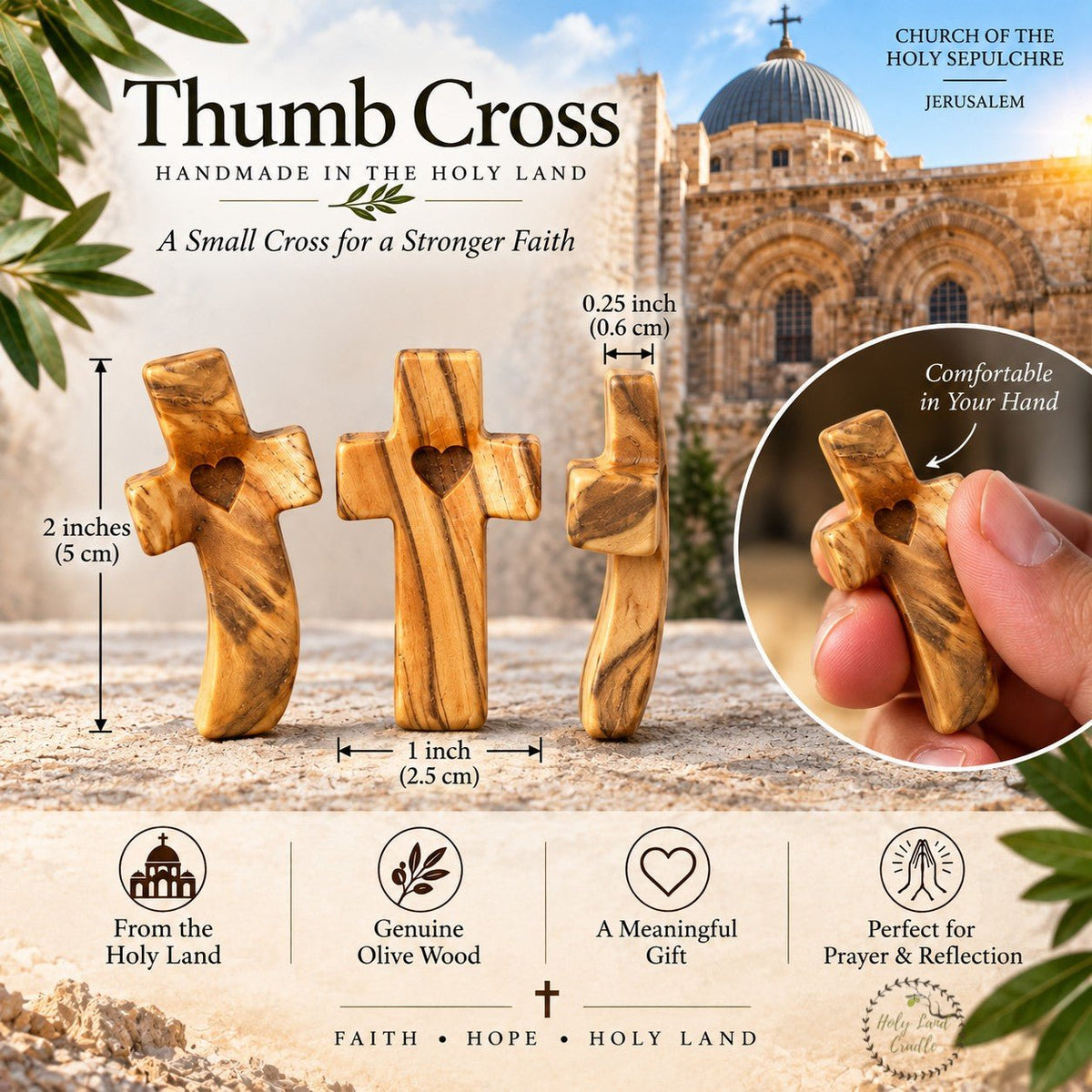 Holy Land Thumb Comfort Olive Wood Crosses, Set of 3 - Holy Land Cradle
