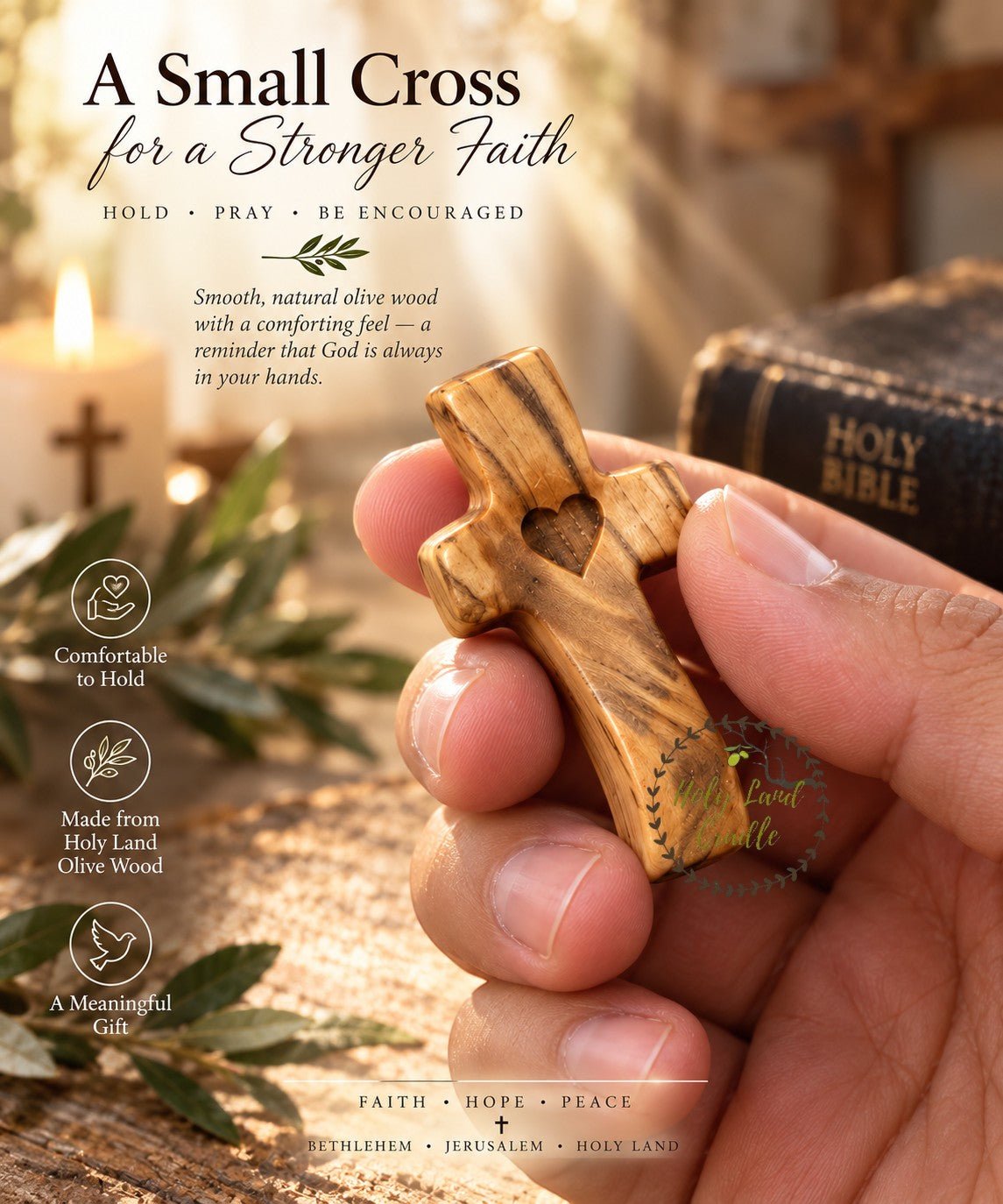 Holy Land Thumb Comfort Olive Wood Crosses, Set of 3 - Holy Land Cradle