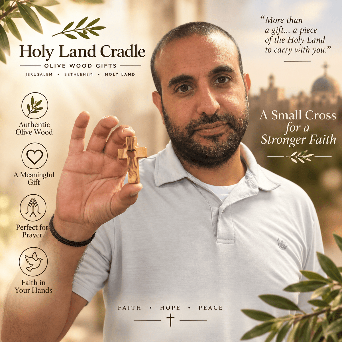 Holy Land Thumb Comfort Olive Wood Crosses, Set of 3 - Holy Land Cradle