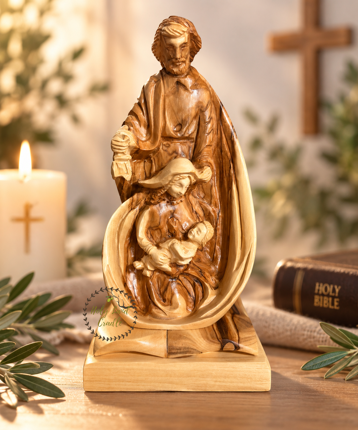 Masterfully Carved Holy Family with Detailed Faces and Lantern