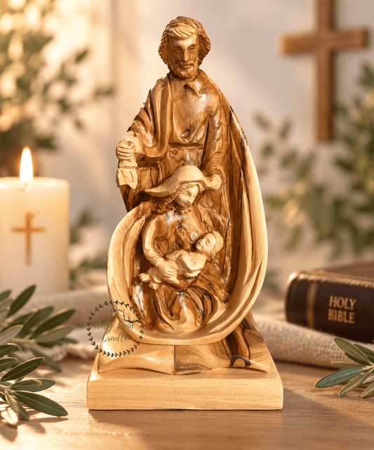Masterfully Carved Holy Family with Detailed Faces and Lantern - Holy Land Cradle