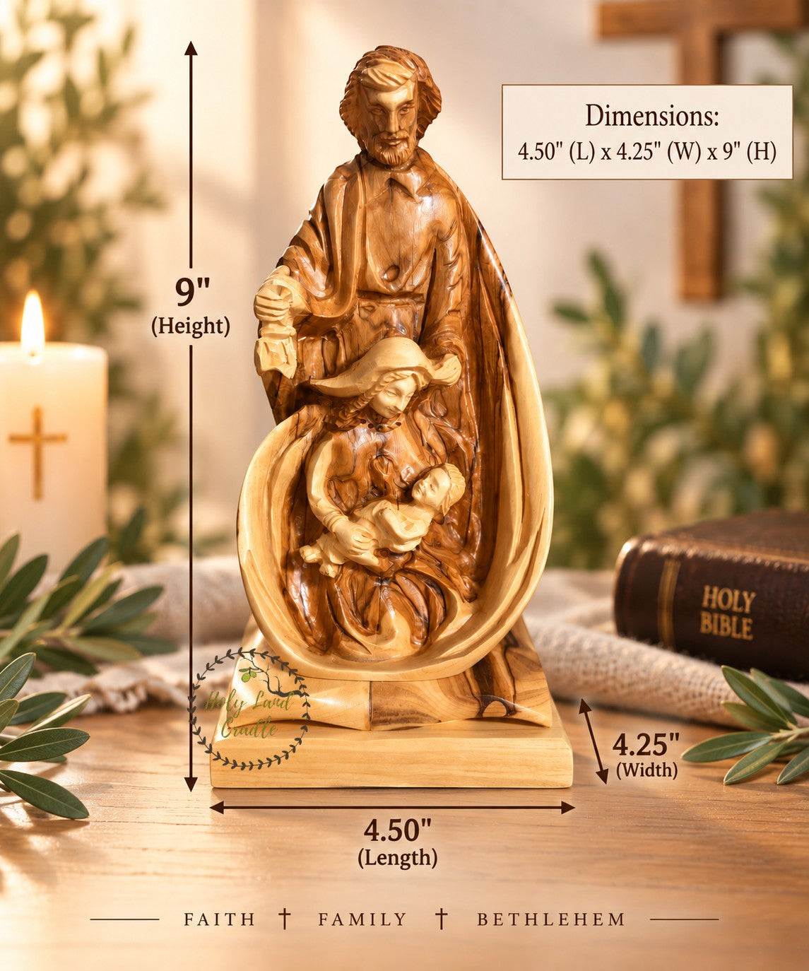 Masterfully Carved Holy Family with Detailed Faces and Lantern