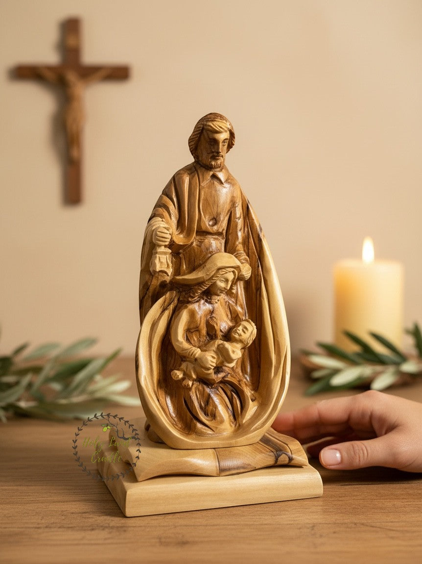 Masterfully Carved Holy Family with Detailed Faces and Lantern