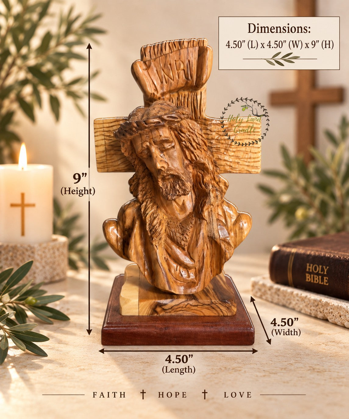 Detailed Jesus Christ face and bust on a wooden cross, 9-inch Christian figure
