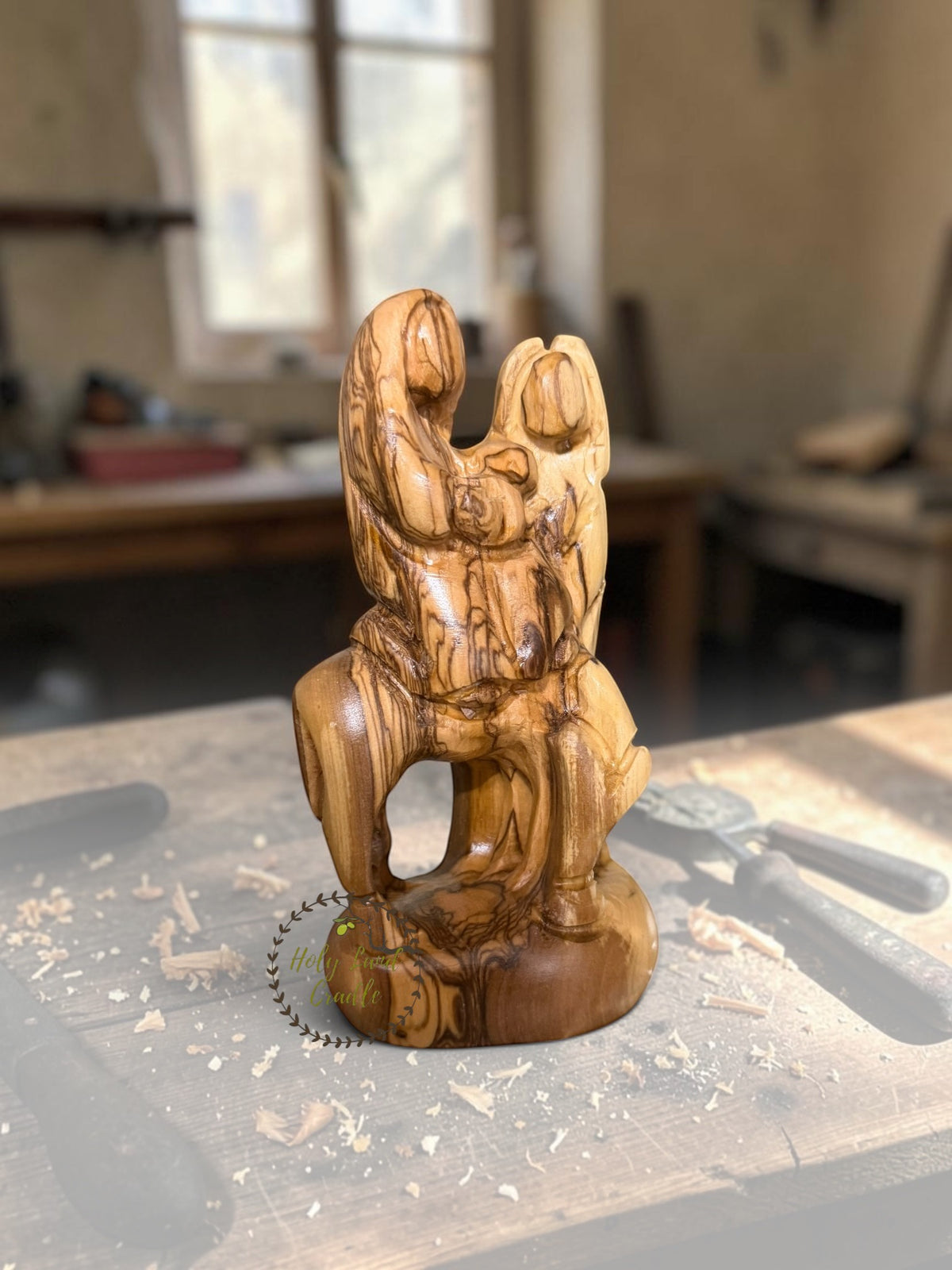 Olive Wood Faceless Holy Family Flight to Egypt - Holy Land Cradle