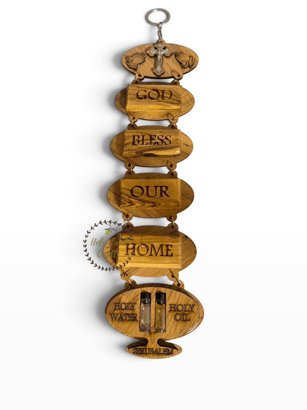 Olive Wood God Bless Our Home Wall Hanging with Holy Water & Holy Oil - Holy Land Cradle