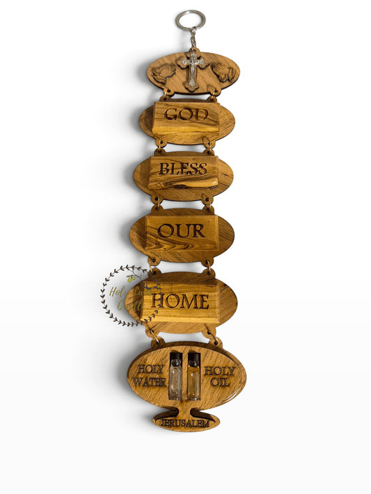 Olive Wood God Bless Our Home Wall Hanging with Holy Water & Holy Oil - Holy Land Cradle