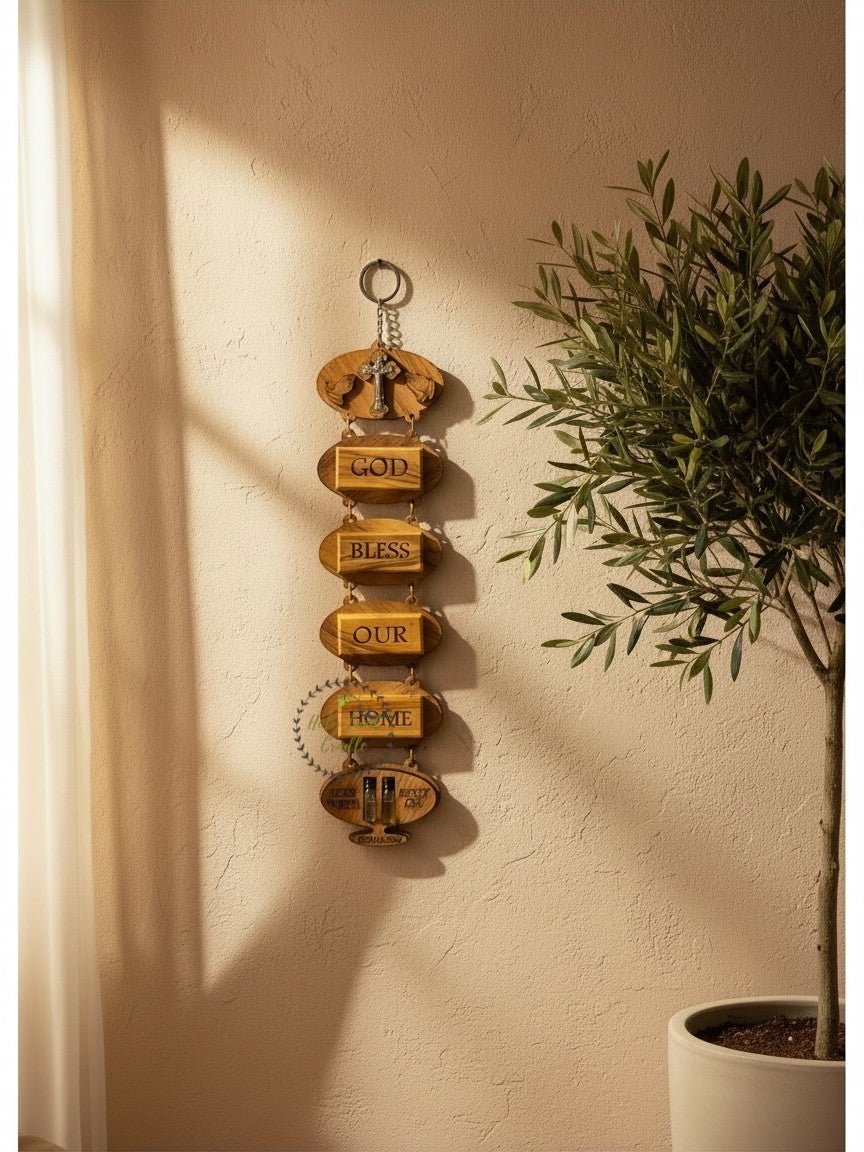 Olive Wood God Bless Our Home Wall Hanging with Holy Water & Holy Oil - Holy Land Cradle