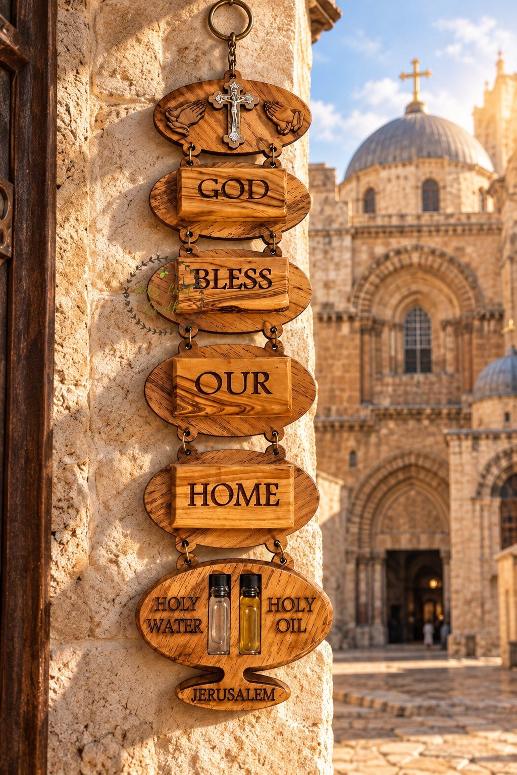 Olive Wood God Bless Our Home Wall Hanging with Holy Water & Holy Oil - Holy Land Cradle