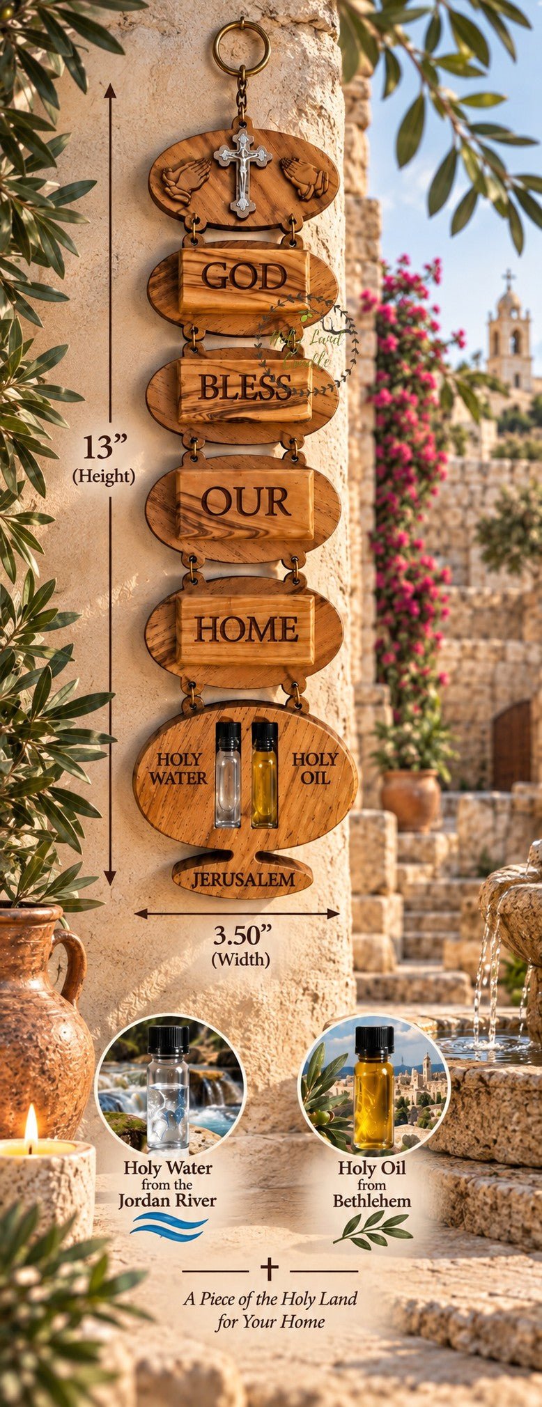 Olive Wood God Bless Our Home Wall Hanging with Holy Water & Holy Oil - Holy Land Cradle