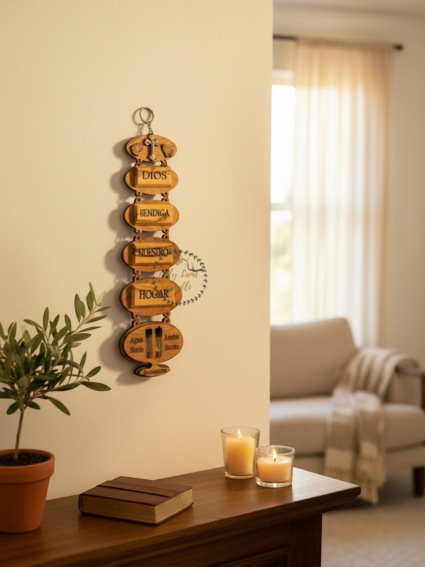 Olive Wood God Bless Our Home Wall Hanging with Holy Water & Holy Oil - Holy Land Cradle