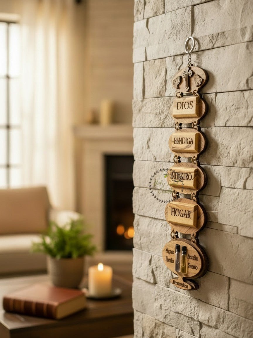 Olive Wood God Bless Our Home Wall Hanging with Holy Water & Holy Oil - Holy Land Cradle