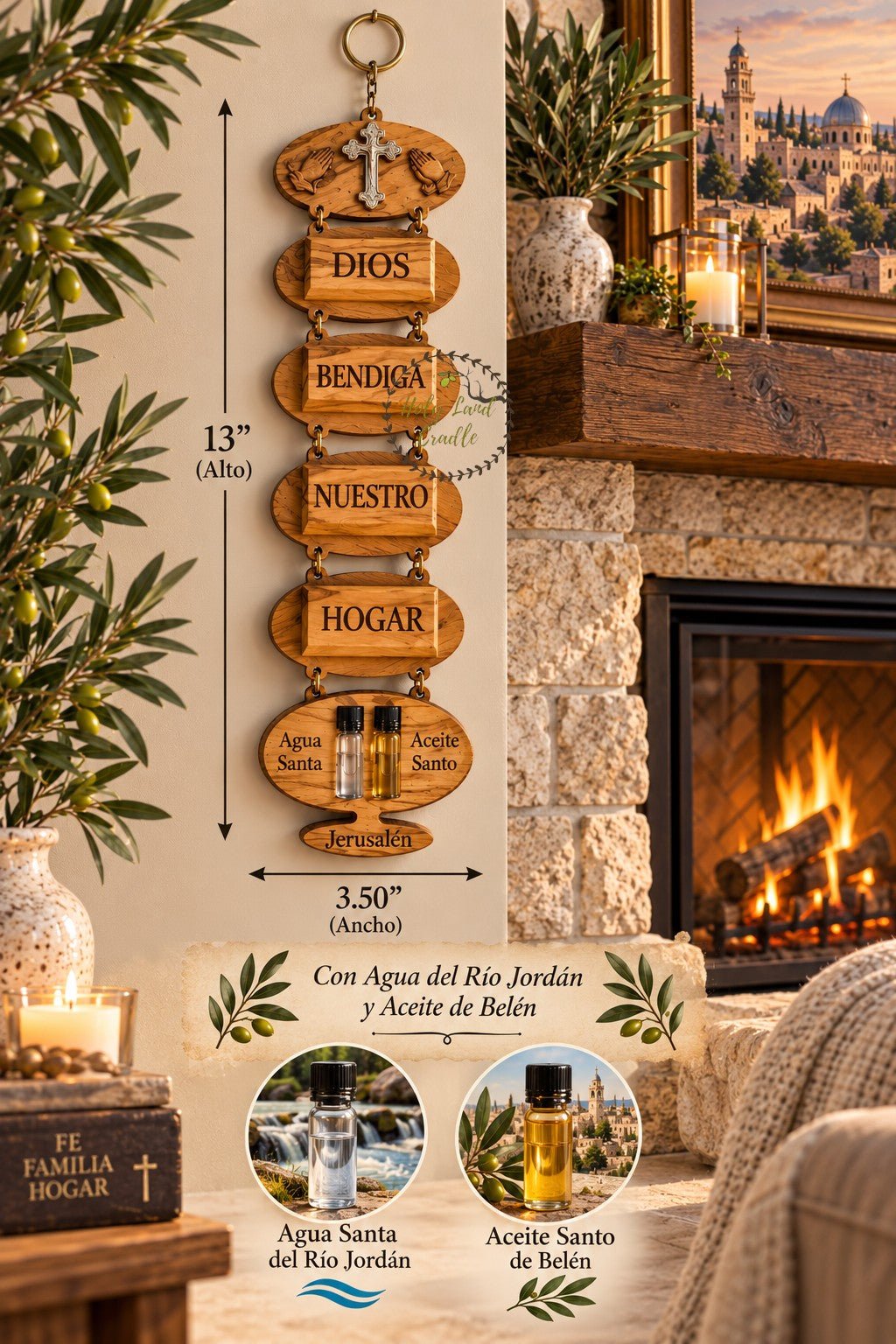 Olive Wood God Bless Our Home Wall Hanging with Holy Water & Holy Oil - Holy Land Cradle