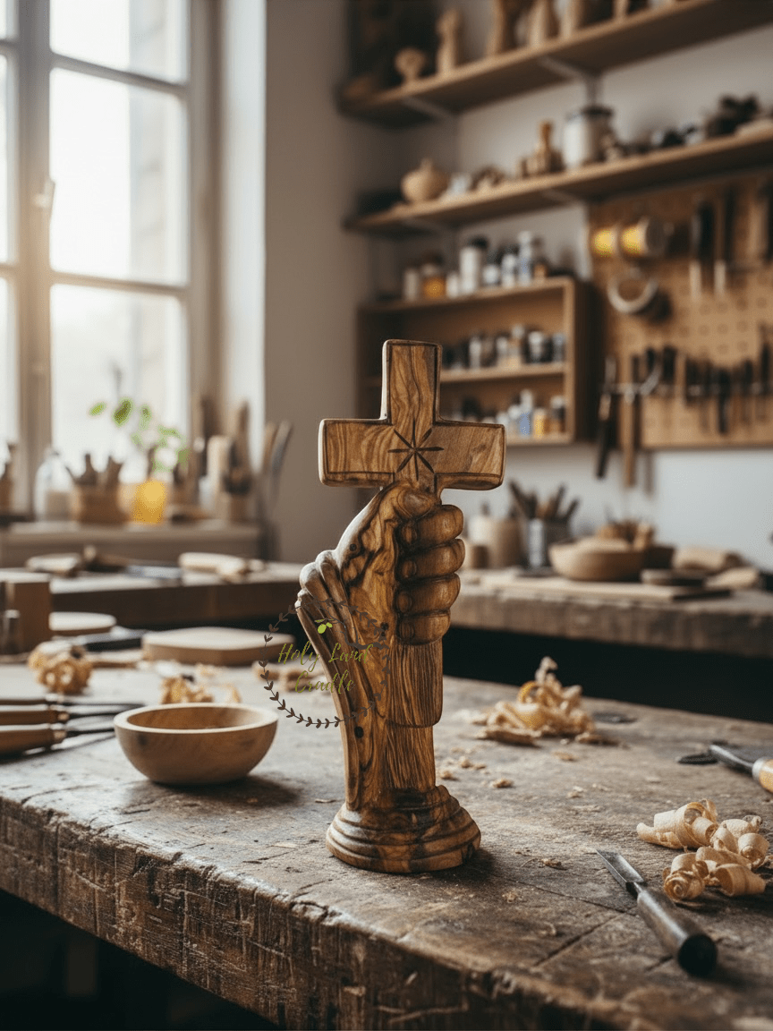 Masterfully Carved Olive Wood Hand of Faith Carrying the Cross - Holy Land Cradle