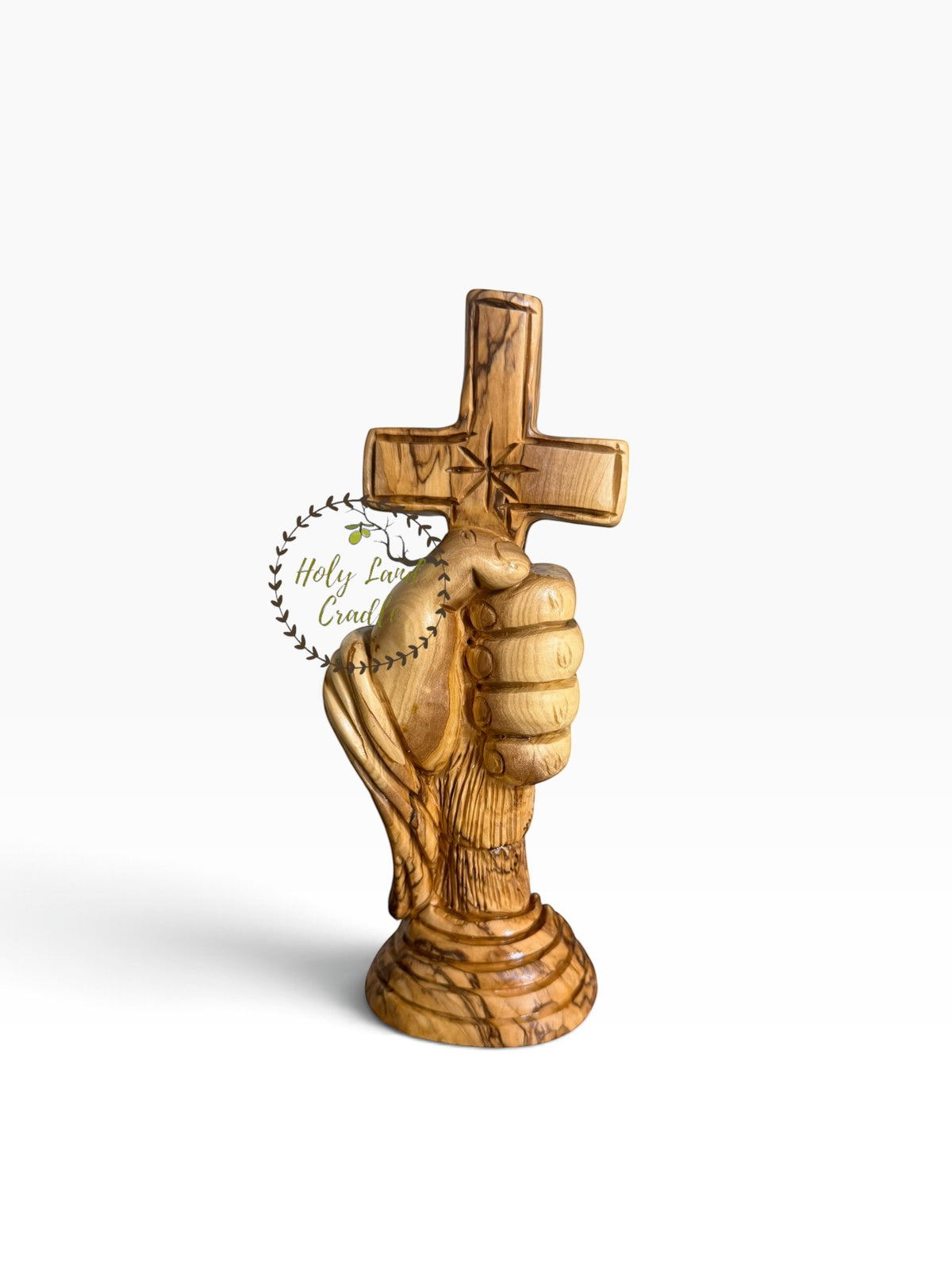Masterfully Carved Olive Wood Hand of Faith Carrying the Cross - Holy Land Cradle