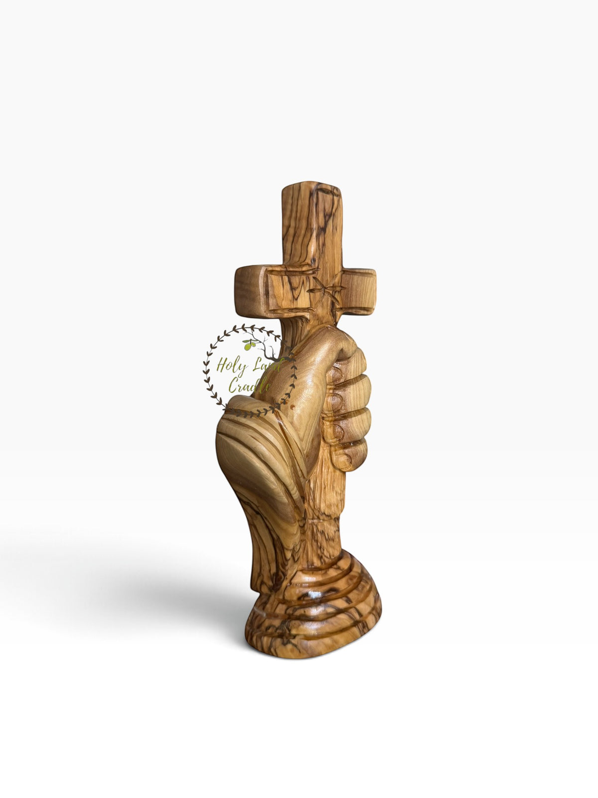 Masterfully Carved Olive Wood Hand of Faith Carrying the Cross - Holy Land Cradle