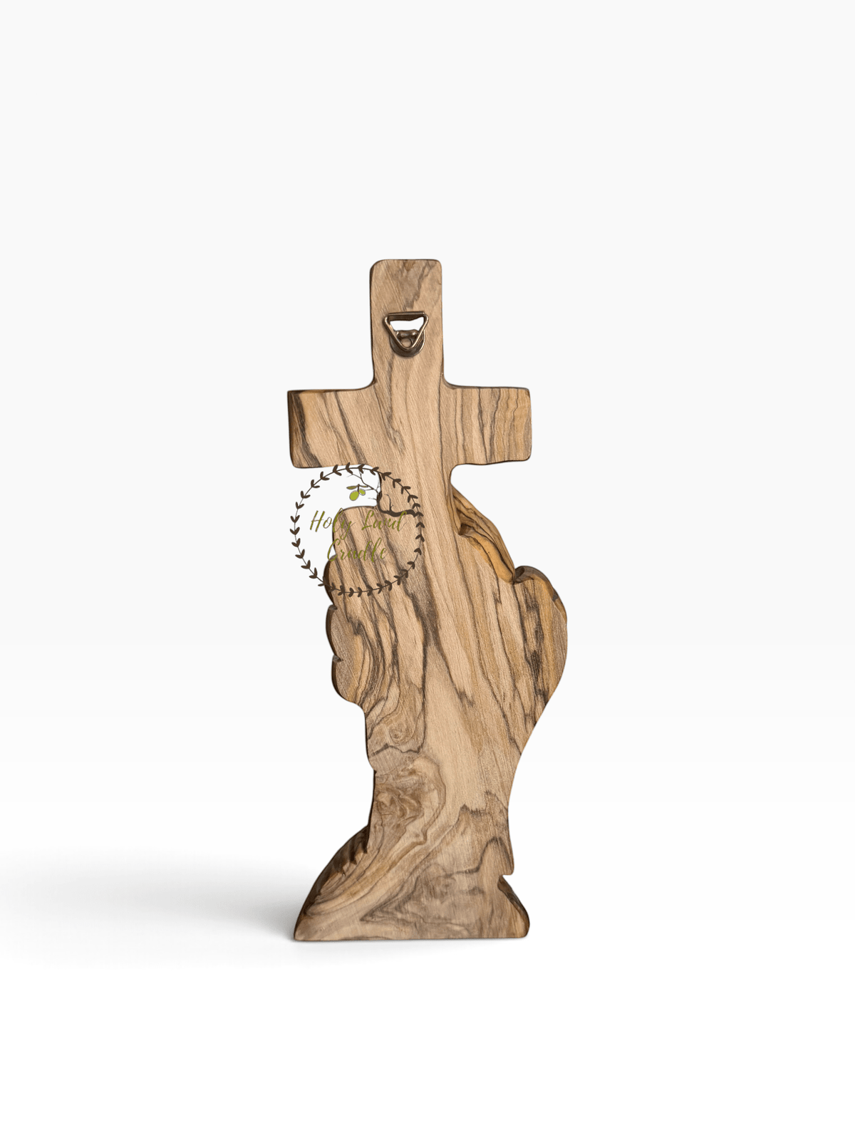 Masterfully Carved Olive Wood Hand of Faith Carrying the Cross - Holy Land Cradle