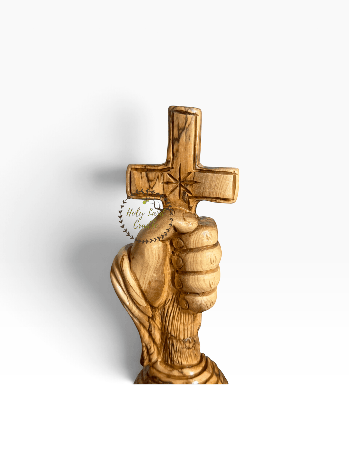 Masterfully Carved Olive Wood Hand of Faith Carrying the Cross - Holy Land Cradle