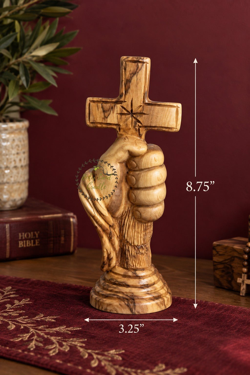 Masterfully Carved Olive Wood Hand of Faith Carrying the Cross - Holy Land Cradle
