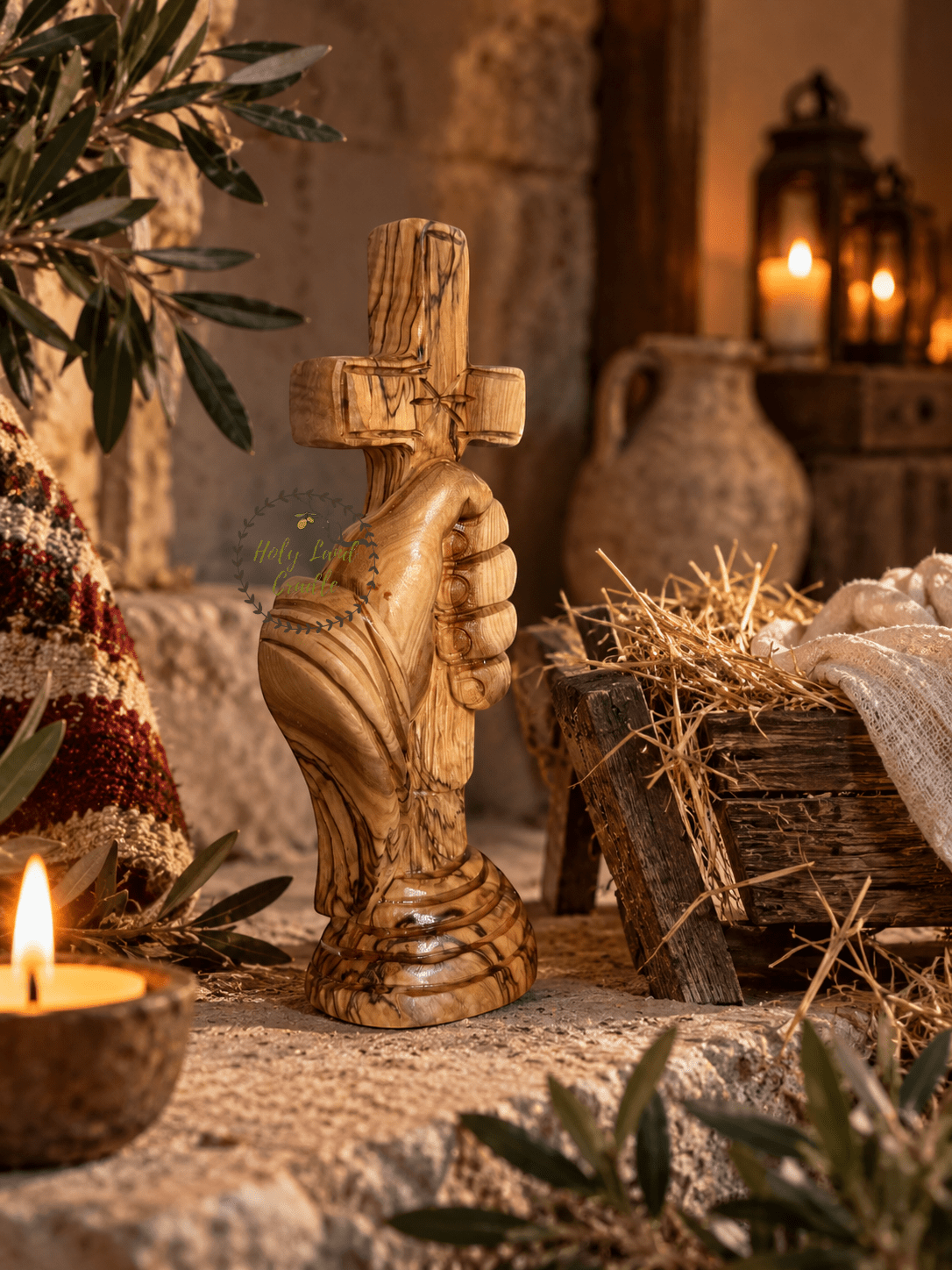 Masterfully Carved Olive Wood Hand of Faith Carrying the Cross - Holy Land Cradle