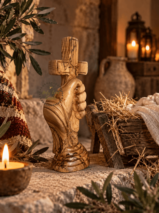 Masterfully Carved Olive Wood Hand of Faith Carrying the Cross - Holy Land Cradle