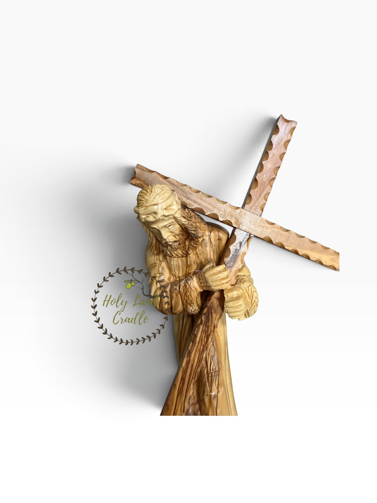 Masterfully Carved Olive Wood Jesus Carrying the Cross - Holy Land Cradle