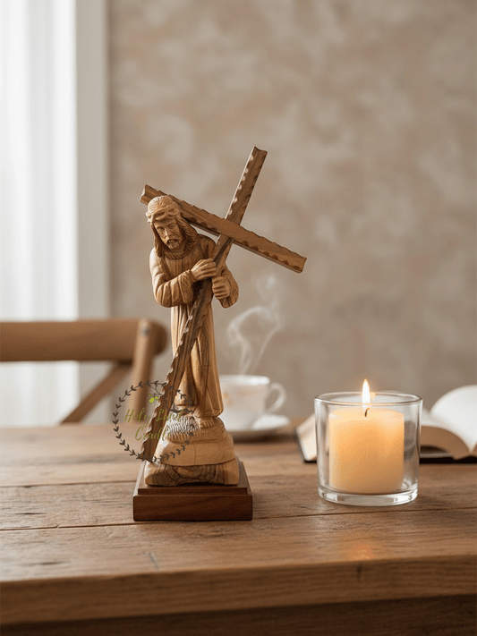 Masterfully Carved Olive Wood Jesus Carrying the Cross - Holy Land Cradle