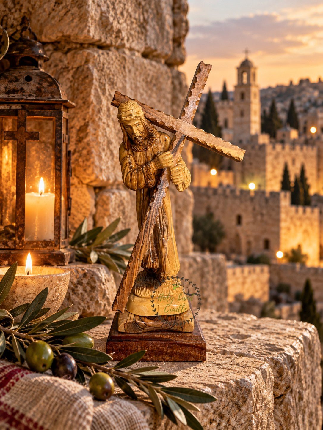 Masterfully Carved Olive Wood Jesus Carrying the Cross - Holy Land Cradle