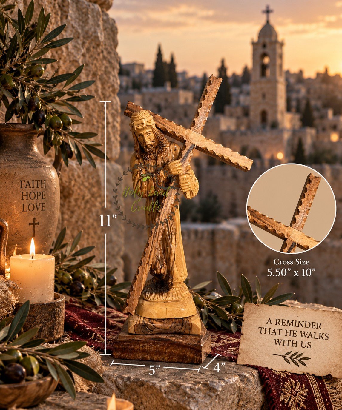 Masterfully Carved Olive Wood Jesus Carrying the Cross - Holy Land Cradle