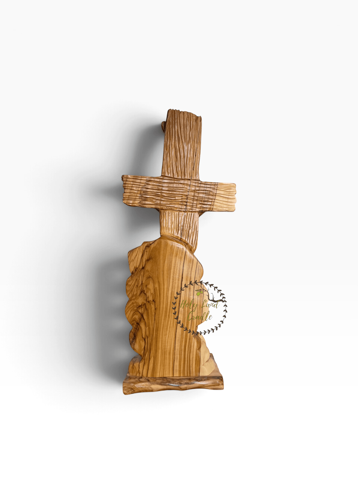 Masterfully Carved Olive Wood Holy Trinity Crucifix with John 3:16 - Holy Land Cradle