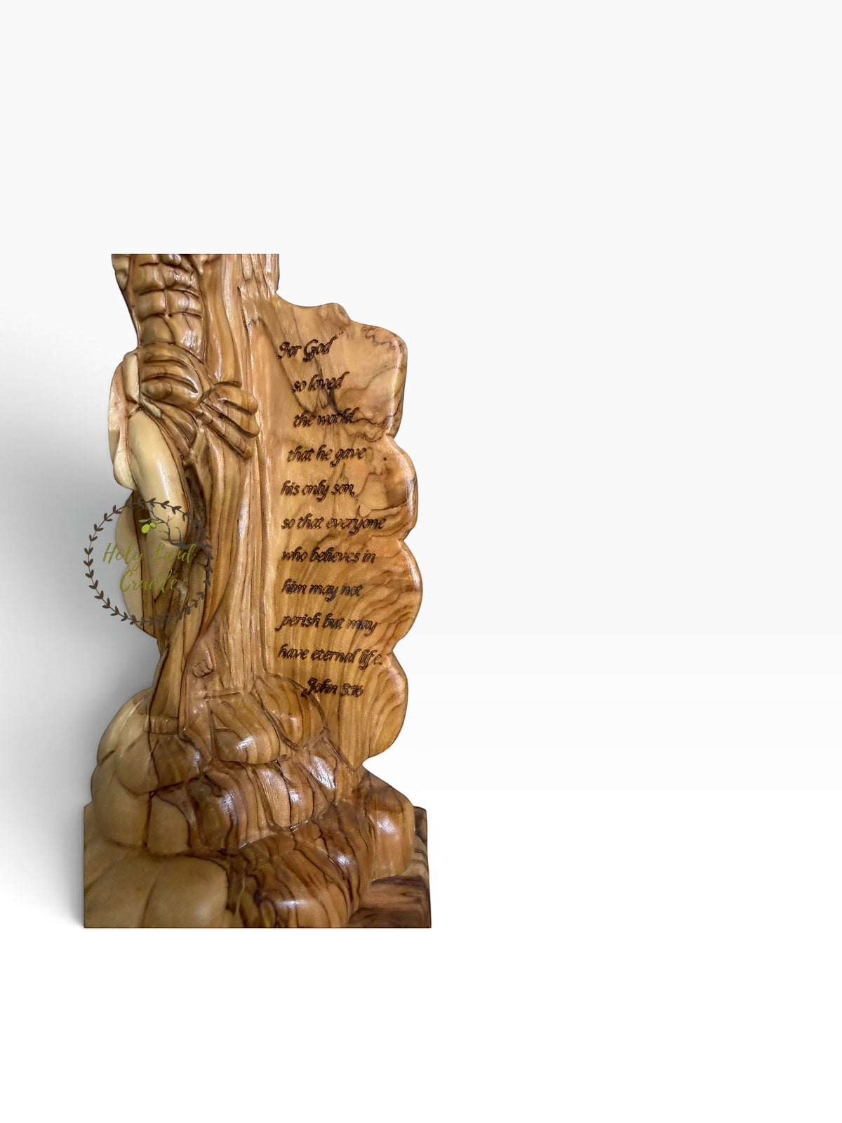 Masterfully Carved Olive Wood Holy Trinity Crucifix with John 3:16 - Holy Land Cradle